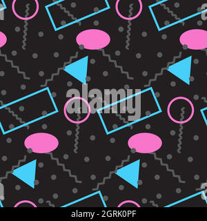 Seamless pattern in minimalistic geometric style. Pink, blue and black colors. Memphis style retro print. Abstract doodle background. Endless design Stock Vector