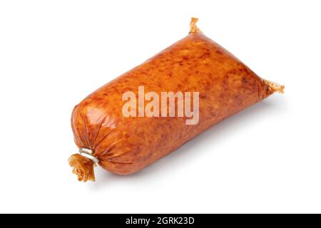 Single traditional German grob Teewurst, coarsely ground sausage, isolated on white background Stock Photo