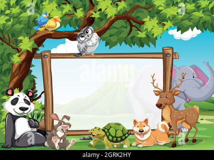Border template with wild animals in forest illustration Stock Vector ...