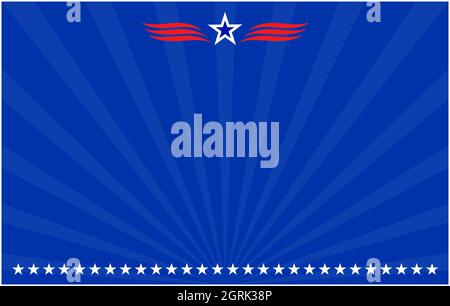 American flag symbols blue radiant rays background frame banner. Stock Vector