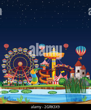 Amusement park scene at night with balloons and moon in the sky ...
