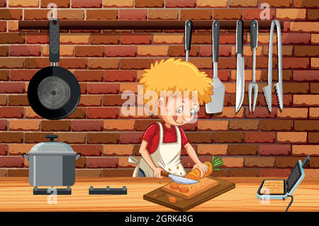 A Young Man Cooking in Kitchen Stock Vector