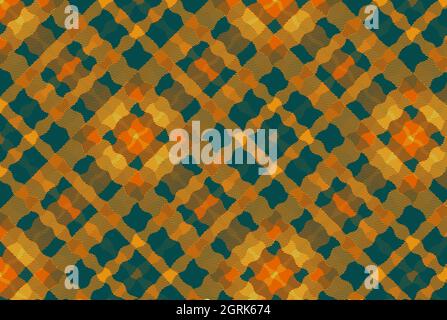 Colorful illustration of orange and teal checkered pattern overlapping similar to Scottish patchwork Stock Photo