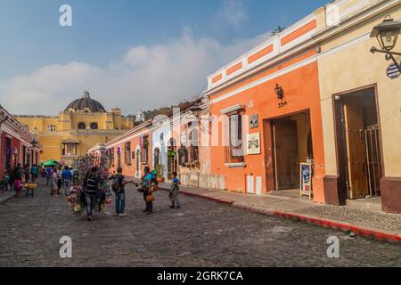 ANTIGUA, GUATEMALA - MARCH 26, 2016: Cobbled street in Antigua Guatemala town Guatemala Stock Photo