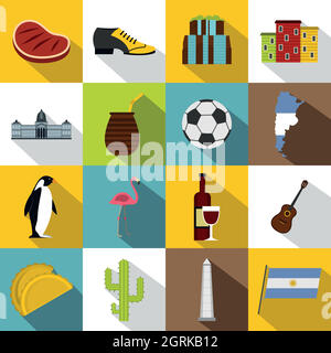 Argentina travel items icons set, flat style Stock Vector