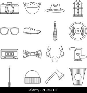 Hipster items icons set, outline style Stock Vector