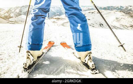 Professional skier at top of the slope in french alps ski resort - Winter sport vacation concept with adventure guy on mountain spot ready to ride Stock Photo