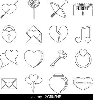 Saint Valentine items icons set, outline style Stock Vector
