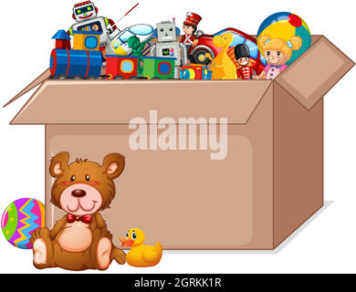 Cardboard box full of toys on white background Stock Vector