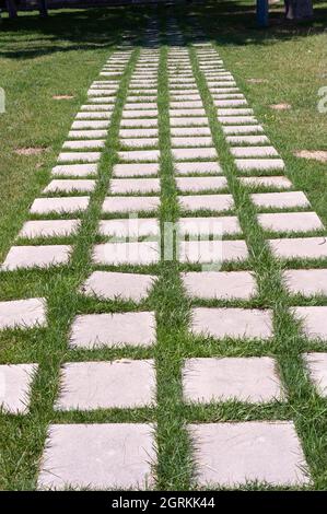 Stones paved on the grassy road Stock Photo