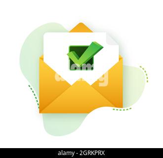 Opened envelope and document with green check mark. Verification email. Vector illustration. Stock Vector