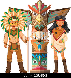 Native american indians and totem pole Stock Vector