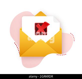 Opened envelope and document with red cross mark. Verification email. Vector stock illustration. Stock Vector