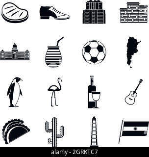 Argentina travel items icons set, simple style Stock Vector