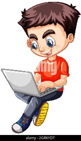 Boy in red shirt using laptop cartoon character isolated on white background Stock Vector