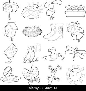 Spring things icons set, cartoon outline style Stock Vector