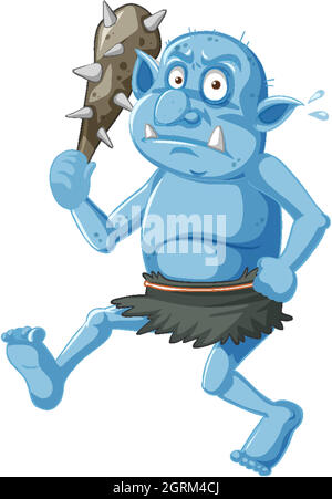 Blue goblin or troll holding hunting tool in cartoon character isolated Stock Vector