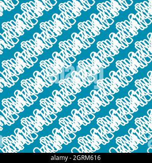Abstract scalloped ribbon yarn effect seamless vector pattern background. Geometric blue and white backdrop with diagonal scribbled doodle stripes Stock Vector