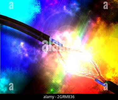 abstract composition with electrical Spark Between Two Insulated Copper Wires. Short circuit concept 13 Stock Photo