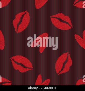 Vector scribbled lips and hearts seamless pattern background. Red black backdrop with pencil drawing style female kiss and heart motifs. Scattered Stock Vector