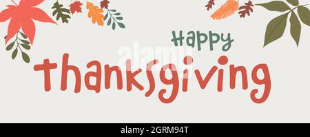 Vector illustration orange text -Happy Thanksgiving- with autumn foliage decoration and maple leaves. Thanksgiving Day. Banner Stock Vector