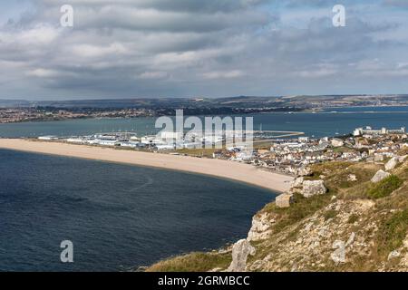 UNESCO world heritage site Chesil Beach as seen from Tout Quarry Sculpture Park and Nature Reserve, Isle of Portland, Dorset, England, UK Stock Photo