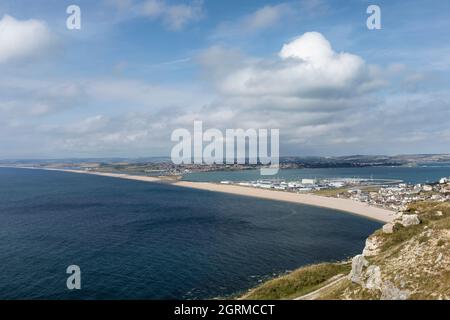 UNESCO world heritage site Chesil Beach as seen from Tout Quarry Sculpture Park and Nature Reserve, Isle of Portland, Dorset, England, UK Stock Photo