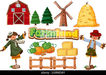Set of farming items on white background Stock Vector