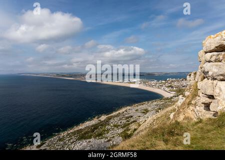 UNESCO world heritage site Chesil Beach as seen from Tout Quarry Sculpture Park and Nature Reserve, Isle of Portland, Dorset, England, UK Stock Photo