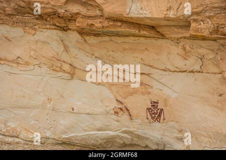 Closeup of the petroglyphs on the Temple Mountain Wash Pictograph Panel in Utah. Stock Photo