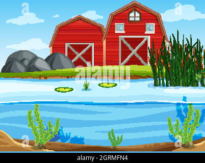 Farm scene with two red barns illustration Stock Vector Image & Art - Alamy