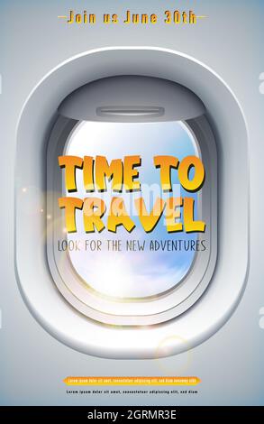 Vector time to travel banner with plane window and sky. Stock Vector