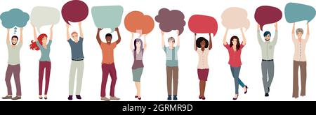 Group of multicultural and smiling young people of friends or coworkers colleagues - with raised arms holding blank speech bubble in hand. Communicate Stock Vector