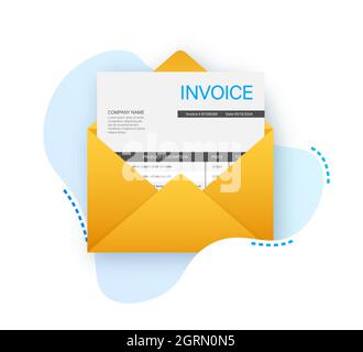 Invoice icon vector, email message received with bill document, flat style open envelope with invoice paper blank. Stock Vector