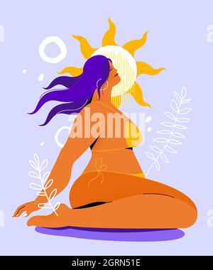 Girl sunbathing - colorful flat design style illustration with a cartoon character. Strong independent beautiful woman in a swimsuit sitting against t Stock Vector