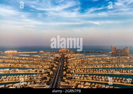 Dubai, UAE - 09.24.2021 Man made island, Palm Jumeirah, Atlantis and Royal Atlantis hotels. Stock Photo