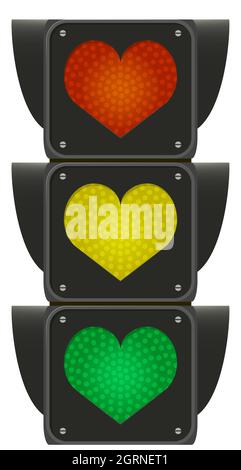 Love traffic lights heart shape creative concept. Road sign, three colors. Vector illustration isolated on white. Stock Vector