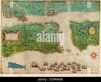 Map and views illustrating Sir Francis Drake's West Indian voyage, 1585 ...