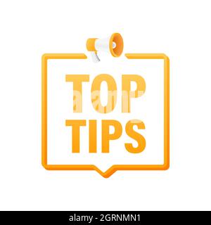 Megaphone yellow banner - Top tips. Vector illustration. Stock Vector
