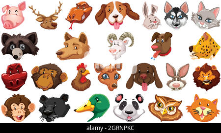 Set of different cute cartoon animals head huge isolated on white background Stock Vector