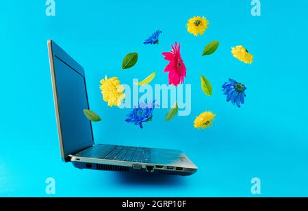 Laptop isolated with flowers on a blue background. Promising message and cheerful news announcement concept. Positive thinking and encouraging energy Stock Photo