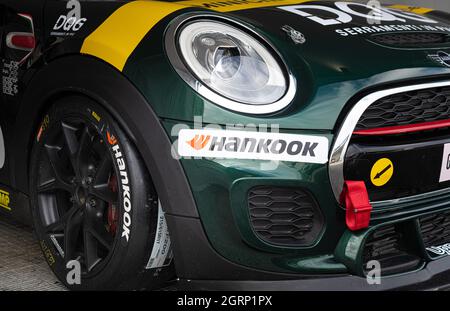 Vallelunga, italy september 18th 2021 Aci racing weekend. Hankook sign and tire detail on Mini Cooper race car Stock Photo