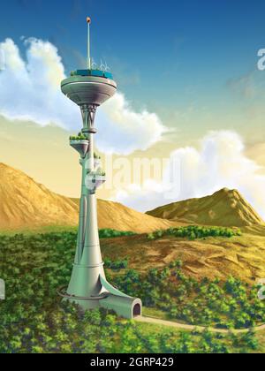 Futuristic tower in a gorgeous landscape. Digital illustration. Stock Photo