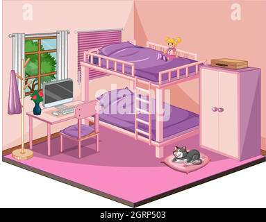 Bedroom interior with furniture in pink theme Stock Vector