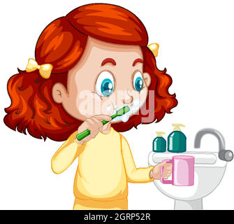A girl cartoon character brushing teeth with water sink Stock Vector