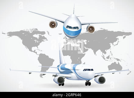 Two angles of airplanes on world map Stock Vector