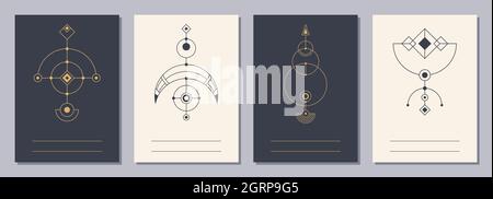 Set of flyers, posters, placards, brochure design templates A6 size with geometric icons. Symbols of magic, alchemy, spirituality, occultism. Stock Vector