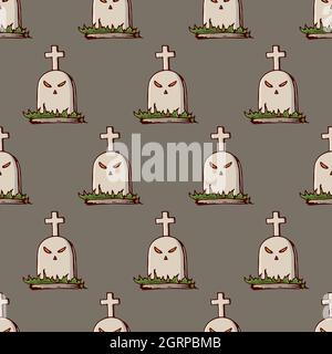Seamless pattern with cartoon tombstones with eyes and crosses. Hand drawn doodle cartoon elements of Halloween celebration. Vector colorful. Stock Vector