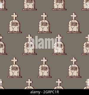 Seamless pattern with tombstones with RIP abbreviation and crosses. Hand drawn doodle cartoon elements of Halloween celebration. Vector colorful. Stock Vector