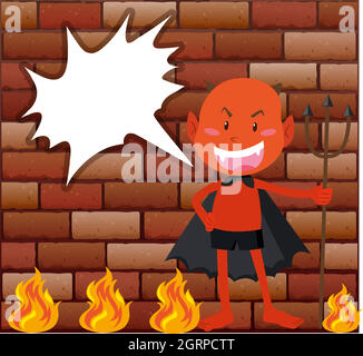 Devil and fire in front of brick wall Stock Vector